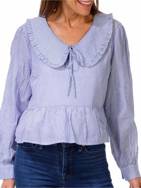 Muse indigo & White Pinstripe Peplum Blouse